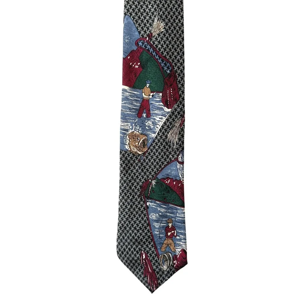 VTG MomentoUno Fly Fishing Tie Silk Houndstooth Wide 3.5 Angler Novelty 90s 3.5